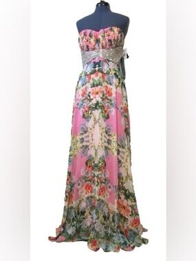 NWT Vintage City Triangle Pink Multicolor Maxi Dress with Beaded Waist